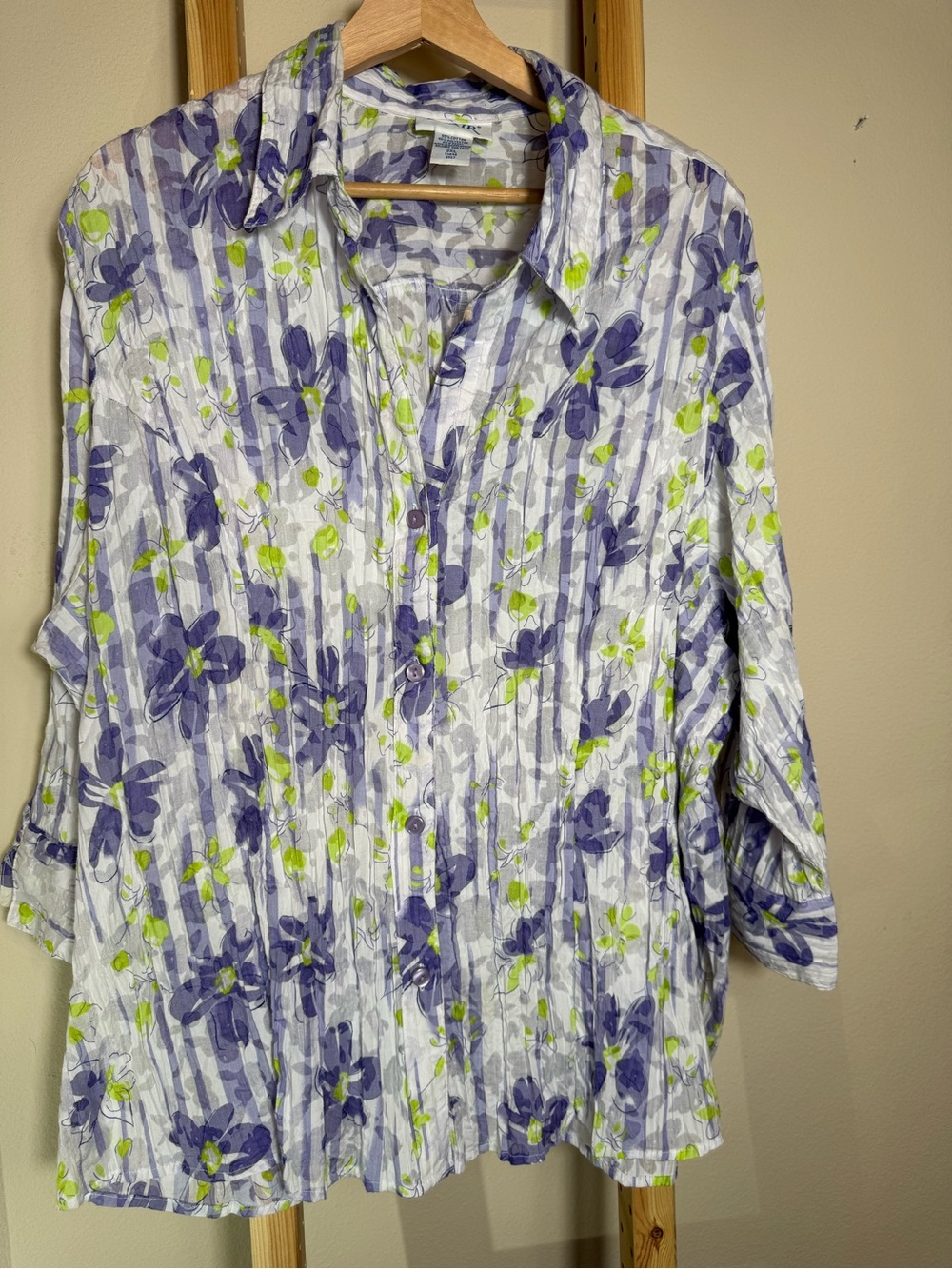 Blair Sheer Floral Striped Button-Down Blouse - Size